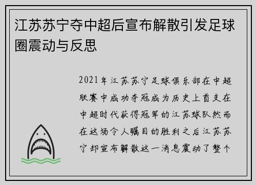 江苏苏宁夺中超后宣布解散引发足球圈震动与反思